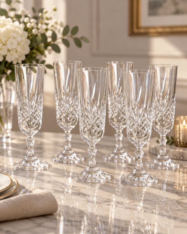 Set 6 flûte in cristallo tagliato con ricca decorazione 1950 circa